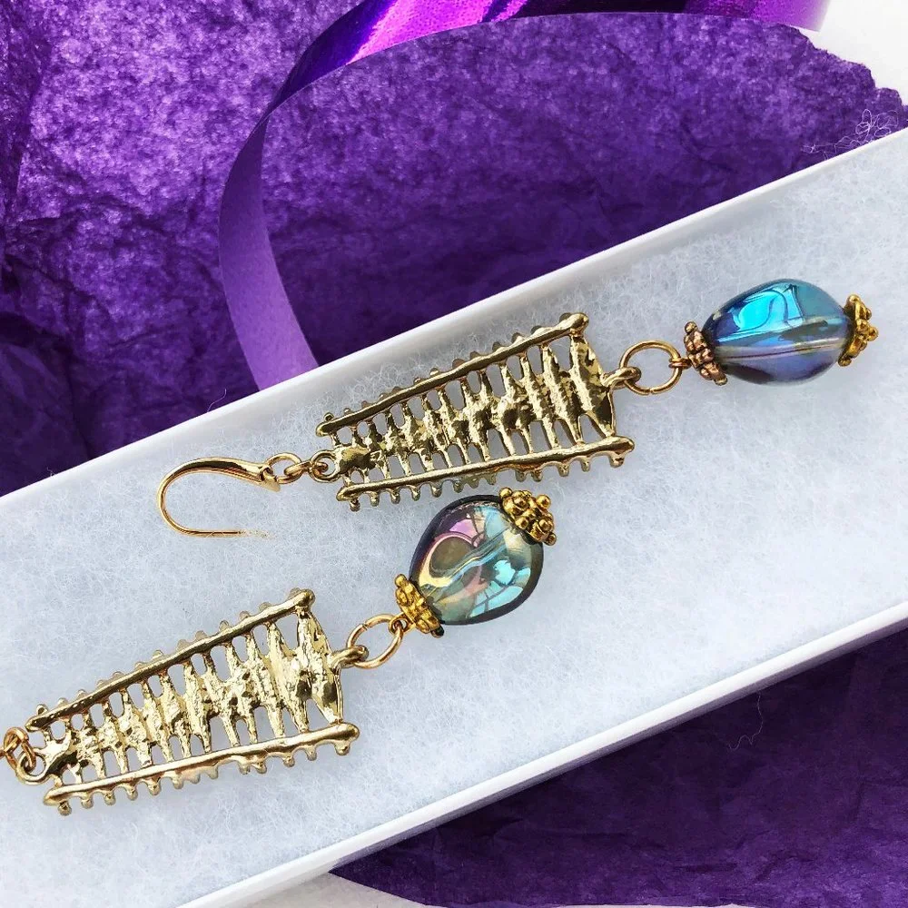 Long party earrings for women, glass bead drop dangle earrings gold handmade